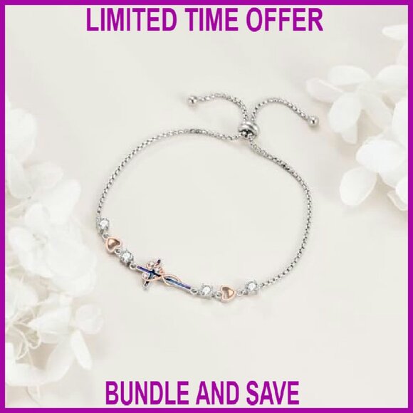 Sterling Silver Sideways Cross Bracelet Adjustable Chain Religious Jewelry - Picture 4 of 8